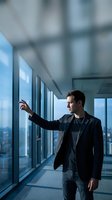 Young Caucasian businessman in dark suit pointing forward in modern office corridor with floor-to-ceiling windows overlooking city skyline.