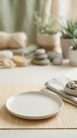 Minimalist spa and wellness setup with empty ceramic plate on natural bamboo placemat, stones, potted succulents, and neutral tones for relaxation and lifestyle design.
