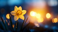 Yellow daffodil flower in bloom against blurred evening lights background with bokeh effect creates dreamy spring atmosphere for nature photography.
