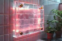 Modern illuminated glass block wall with pink neon backlighting creates atmospheric interior design element, perfect for contemporary architectural and design projects.
