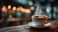 Steaming hot coffee cup on wooden table with warm bokeh lights creating cozy cafe atmosphere for morning relaxation and comfort.