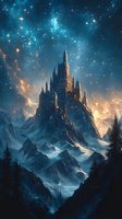 Majestic gothic castle atop snowy mountain peak under starry night sky with glowing nebula clouds and evergreen forest in foreground, fantasy landscape.