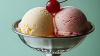 Two scoops of vanilla and strawberry ice cream in glass bowl topped with maraschino cherry on mint green background for dessert menu designs.