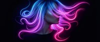 Neon glowing hair silhouette with flowing blue and pink light trails on dark background for digital art and creative design projects.