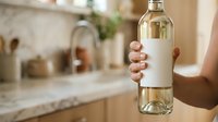 Person holding glass bottle with blank white label in modern kitchen with marble countertop and sink, suitable for product packaging mockups and beverage branding.