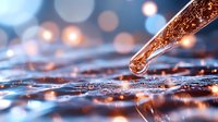 Macro shot of glass pipette dropping golden liquid onto reflective surface with bokeh lights and sparkles creating magical scientific atmosphere.