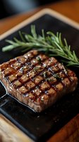 Juicy grilled beef steak with grill marks and fresh rosemary sprig on black serving plate, perfect for food menu photography.