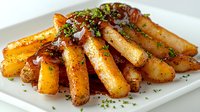 Roasted baby carrots glazed with honey and herbs, garnished with fresh parsley on white plate. Golden caramelized vegetables with sweet and savory coating.