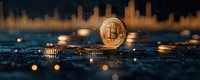Golden cryptocurrency coin on circuit board with glowing city skyline reflection and bokeh lights, symbolizing digital finance and blockchain technology.