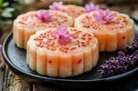 Handmade natural soap bars with floral petals and lavender sprigs on rustic wooden background for spa and wellness treatments.