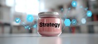 Glass jar labeled Strategy with glowing blue digital icons and hexagons floating around it against blurred background, representing business planning and digital transformation.