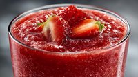 Fresh strawberry smoothie with chunks of ripe berries in glass, healthy breakfast drink for summer refreshment and nutritious meal replacement.