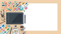 Digital drawing tablet with stylus surrounded by colorful artistic elements, paint palette, brushes, and coffee cup on beige workspace. Isolated clipart for design, web graphics, and creative projects.
