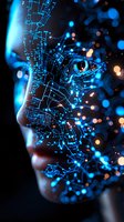 Futuristic face with glowing blue circuit patterns and digital elements merging with human features against dark background with bokeh light effects.