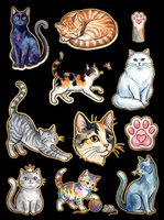 Cute cat clipart collection featuring sitting and playful felines, paw prints, and cat faces isolated on transparent background. Ready for t-shirts, stickers, sublimation, print-on-demand designs and crafts.