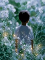 Dreamy back view of person standing among glowing wildflowers and magical lights at dusk, creating ethereal atmosphere in green garden setting.