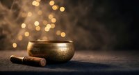 Golden singing bowl with wooden mallet on dark surface creates peaceful meditation atmosphere with warm bokeh lights in background for wellness practices.