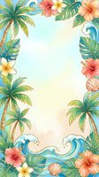 Tropical floral frame with palm trees, hibiscus flowers, monstera leaves, ocean waves and seashells on isolated white background. Perfect for invitations, greeting cards, posters, social media graphics, stationery design and summer-themed projects.