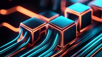 Glowing neon cubes with flowing light trails on dark background, creating futuristic digital technology concept for blockchain or computing.