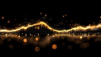 Glowing golden wave with sparkling particles and bokeh effects on black background, creating magical light trail effect for luxury designs and festive backgrounds.