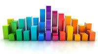 Colorful ascending and descending bar chart columns arranged in rainbow spectrum order on white background, showing business data visualization concept.