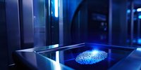Digital fingerprint scan glowing blue on modern biometric reader device in dark server room environment with advanced security technology setup.