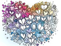 Colorful gradient heart shape made of multiple small heart doodles in rainbow colors from pink to blue with white background, suitable for romantic designs and valentines.