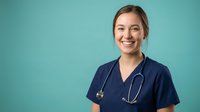 Smiling young Caucasian female nurse in navy blue scrubs with stethoscope against turquoise background for healthcare and medical profession concepts.