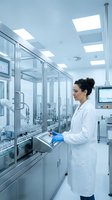 Female scientist in white lab coat and blue gloves operating pharmaceutical manufacturing equipment in sterile cleanroom facility with glass partitions and LED ceiling panels.