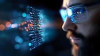 Bearded man in glasses observing digital data visualization with glowing blue code reflection. Futuristic technology concept for cybersecurity and programming.