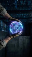 Gloved hands holding a glowing holographic reset button orb with circuit patterns in a dark futuristic server room environment.