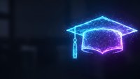 Glowing blue graduation cap made of connected dots and lines on dark background. Digital education technology concept for online learning platforms.