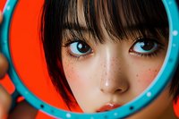 Young Asian woman with freckles gazing through a teal round mirror frame against a vivid red background, bold colors, striking portrait.
