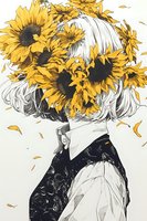 Artistic portrait of person with sunflowers covering head, wearing black marble textured jacket and white collar. Stylized illustration combines floral and fashion elements.