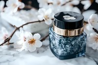 Luxury cosmetic cream jar with floral pattern against marble background, surrounded by delicate white cherry blossoms creating elegant spa composition.