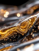 Golden liquid with bubbles flowing in abstract waves against dark background, creating luxurious texture for cosmetic or beverage advertising.