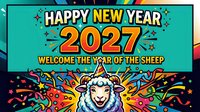 Happy New Year 2027 celebration graphic with sheep character, colorful fireworks, stars, and festive confetti on turquoise background. Suitable for holiday greetings, social media posts, and seasonal marketing materials.