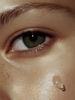 Close-up of bright green eye with natural freckles and water droplet on skin, showcasing natural beauty and pure emotion for beauty and skincare advertising.