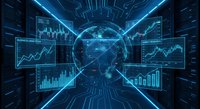 Futuristic digital trading interface with glowing blue holographic charts, graphs and world map in cyber space for financial technology presentations.