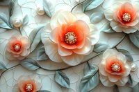 Delicate paper flowers in coral and white with sage green leaves create elegant wall decor pattern. Handcrafted floral arrangement shows dimensional layered petals.