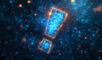 Digital exclamation mark glowing with blue light in futuristic network space with orange particles and connection lines for technology alerts.