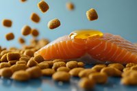 Fresh raw salmon fillet with honey drip and flying dog kibble on blue background, macro food photography for pet nutrition and healthy eating concept.