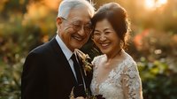 Senior Asian couple sharing joyful moment at sunset wedding celebration, wearing elegant attire with natural golden light and genuine emotions.