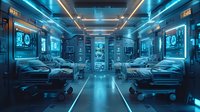 Futuristic hospital ward with multiple beds equipped with advanced medical technology, glowing neon blue lighting, and holographic displays for healthcare and sci-fi concepts.