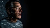 Futuristic digital transformation concept with middle-aged Caucasian businessman surrounded by holographic data networks and technological interfaces.