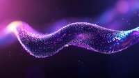 Glowing wave of particles flowing in dark space with purple and blue light effects creating dynamic motion and futuristic atmosphere.
