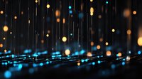 Glowing blue and golden light particles falling in darkness with bokeh effect and motion blur, creating magical atmospheric background for festive designs.