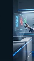 Robotic hand interacting with holographic medical display showing DNA helix, heart anatomy, and organ scan in futuristic laboratory setting for healthcare technology and innovation concepts.
