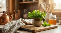 Fresh mint herbs in rustic clay pot on wooden cutting board in warm sunlit kitchen setting with copper kettle and honey jar for cooking and tea.