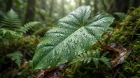 Lush tropical leaf covered in water droplets in dense rainforest environment with ferns and moss, suitable for nature and botanical design projects.